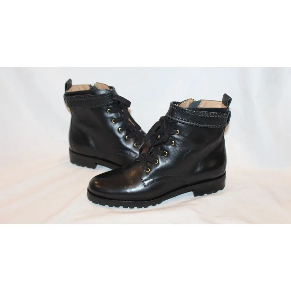 Jack Rogers Combat Peyton Leather Lace Up Hiker Block Heel Boots Black 6.5 $188